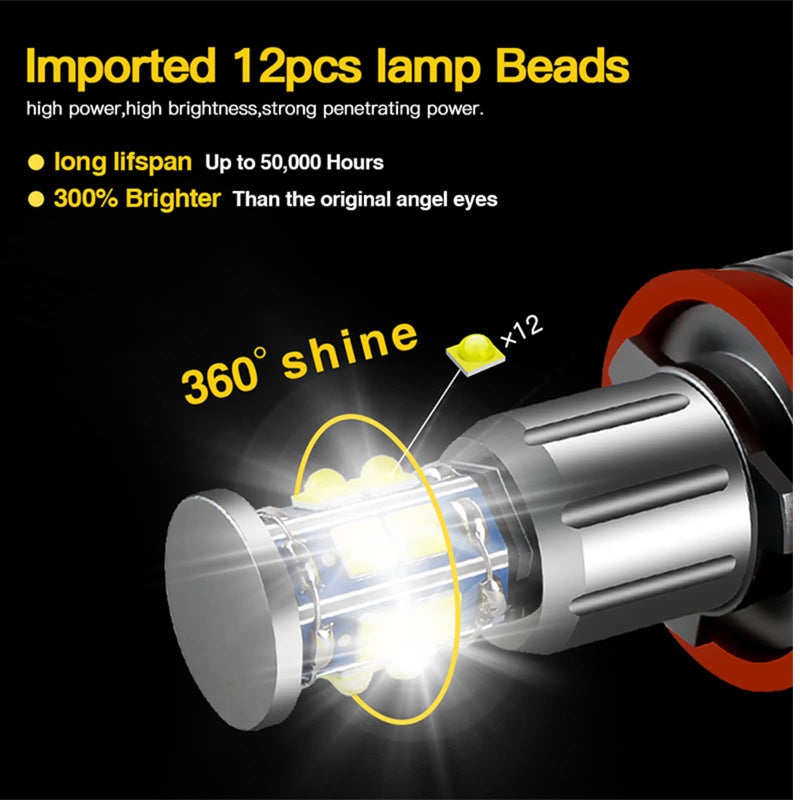 APMAT H8 LED Angel Eyes Halo Bulb Light Compatible for BMW E90 E92 E70 E71 E82 E89 M6 1 3 5 Series X5 X6 Z4, 6000K Xenon 120W White Lamps Marker Lights - Image 3